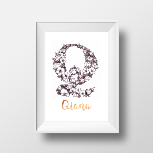 "Q" Floral Monogram, name foiled in rose gold